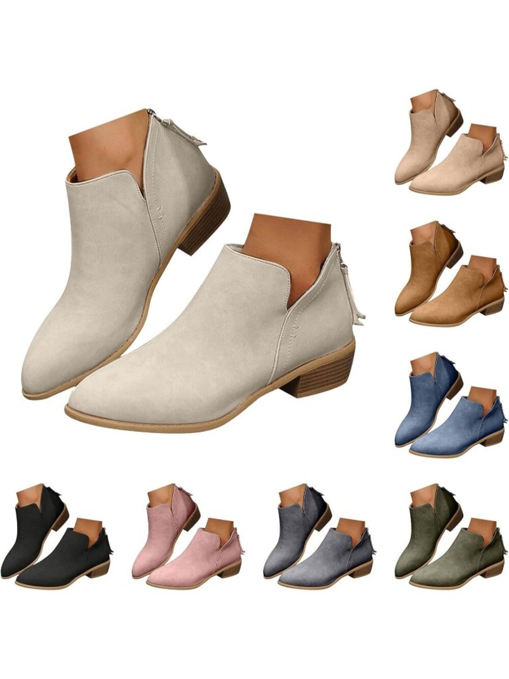 Women’s White Suede Ankle Cowboy Boots Pointed Toe Low Block Heel Western Bootie